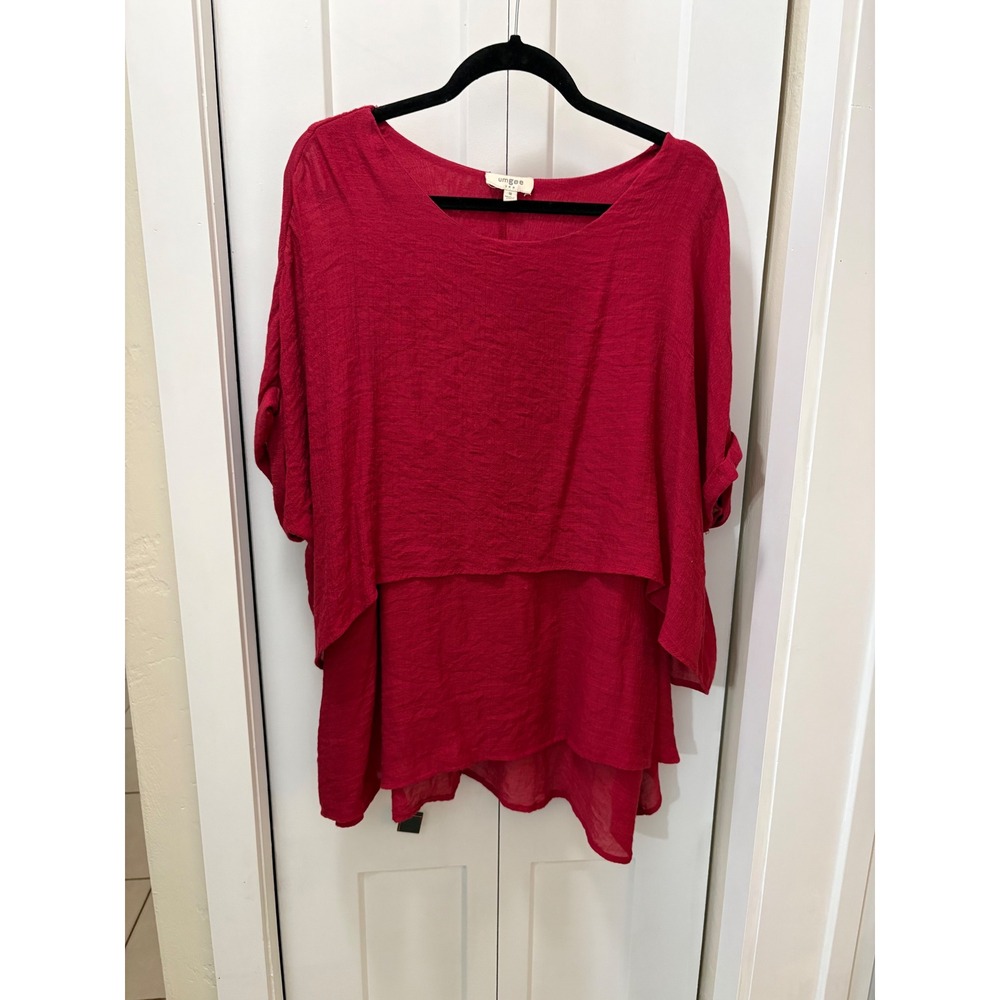Umgee USA Red Layered Crinkle Gauze Tunic Top Short Sleeve Boho G2063 Medium